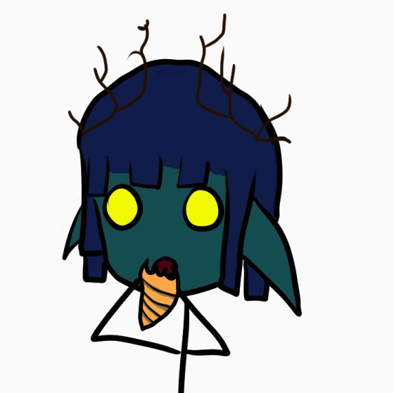 an animated image of a multi-horned elf-like friend with large yellow eyes, blue and sorta messy hair, and green skin, eating a pastry