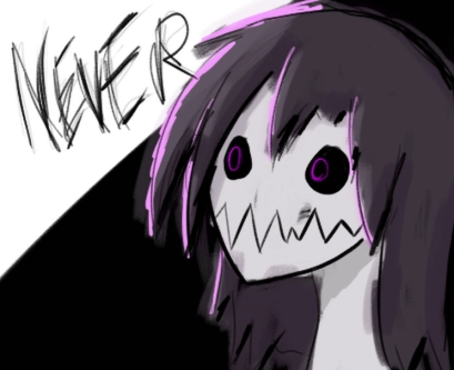 sketchy eldritch creature with large black eyes and a huge mouth saying "never" 